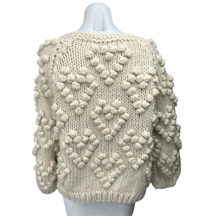 Chicwish Knit Your Love Ivory Heart Shape Pompoms Chunky Knit Cardigan Sweater S