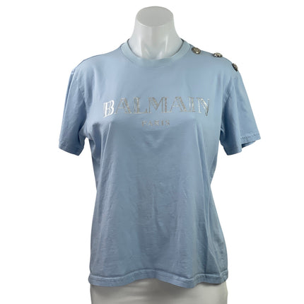 Balmain Womens Blue Button Shoulder Short Sleeve Graphic Logo Tee T-shirt Top M