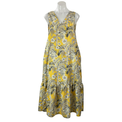 MNG Mango Yellow Floral Sleeveless V Neck Drop Waist Ruffle Midi Skirt Size 4