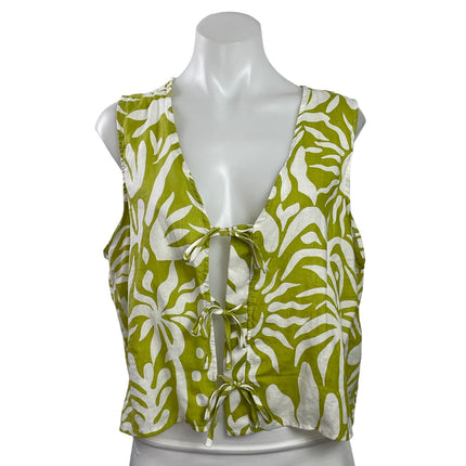 Christian Siriano Green White Linen Blend Sleeveless Tie Front Crop Tank Top L