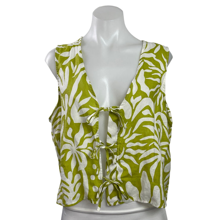 Christian Siriano Green White Linen Blend Sleeveless Tie Front Crop Tank Top L