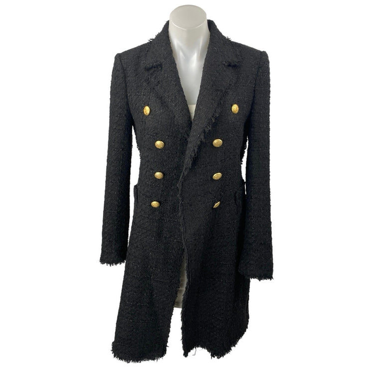 Zara Womens Black Tweed Fringe Double Breasted Military Trench Overcoat Jacket S
