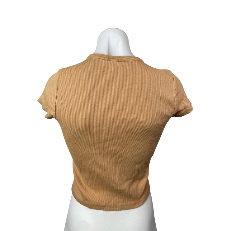 Anthropologie Maeve Tan Ribbed Knit Short Sleeve Baby Tee T Shirt Top Size M