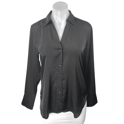 H&M Black Silk Satin Long Sleeve V Neck Button Down Shirt Blouse Top Size XS