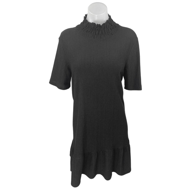 Zara Black Rib Knit Ruffle Mock Neck Half Sleeve Mini Shift Sweater Dr Brie Zara Black Rib Knit Ruffle Mock Neck Half Sleeve Mini Shift Sweater Dr Brie