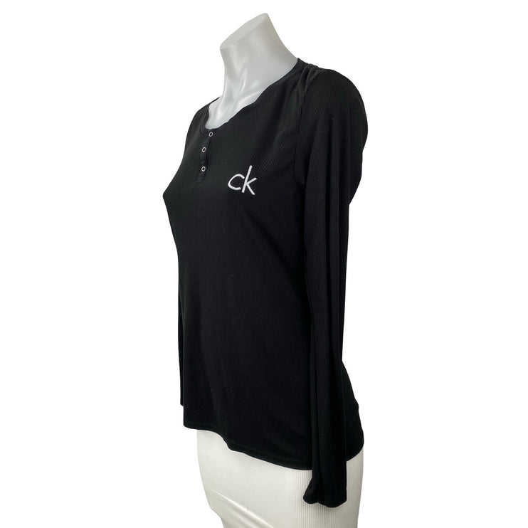 Calvin Klein Women's Black CK Logo Long Sleeve Henley T Shirt Tee Top Size XS