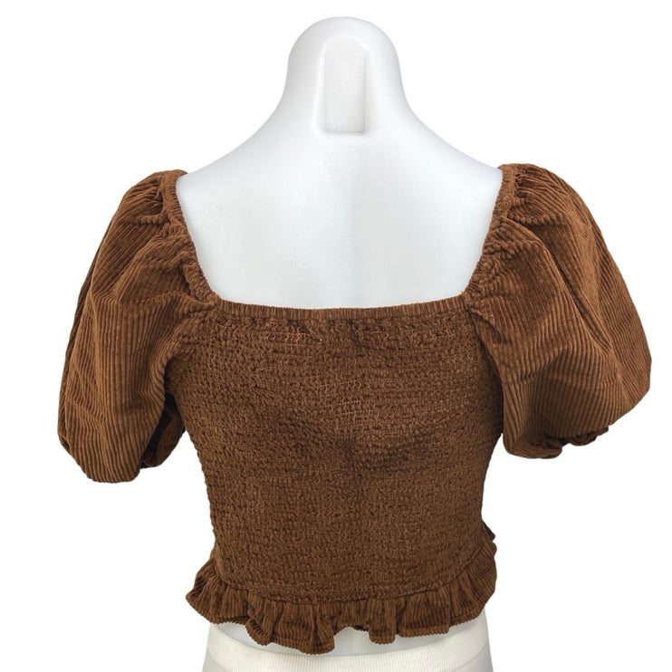 American Eagle Brown Corduroy Peplum Smocked Velvet Velour Crop Top Blouse Sz L