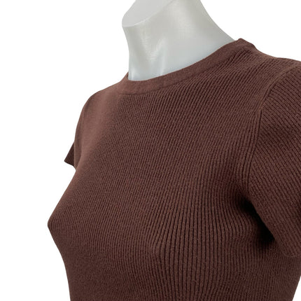Nuuds Womens Brown Short Sleeve Crew Neck Ribbed Knit Sculpt Tee Crop Top Size S