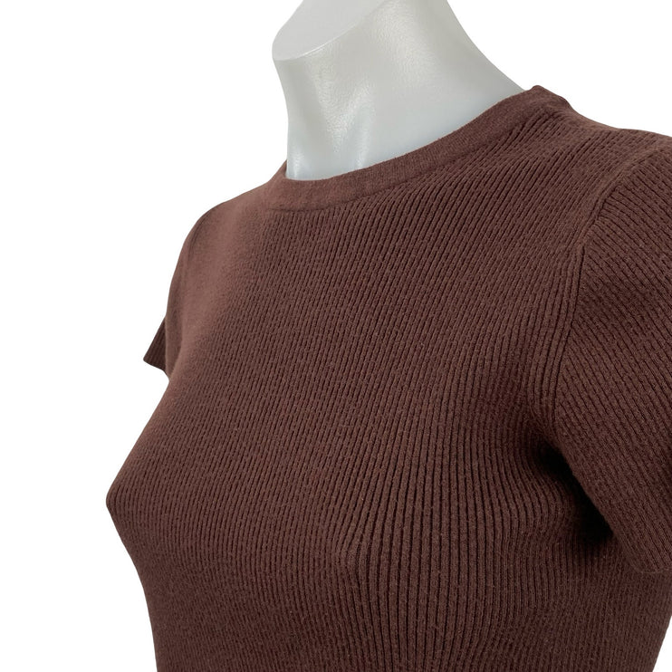 Nuuds Womens Brown Short Sleeve Crew Neck Ribbed Knit Sculpt Tee Crop Top Size S