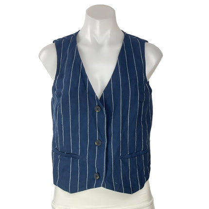 GAP Women's Navy Blue White Sleeveless Linen Pinstriped V-neck Vest Tank Top S