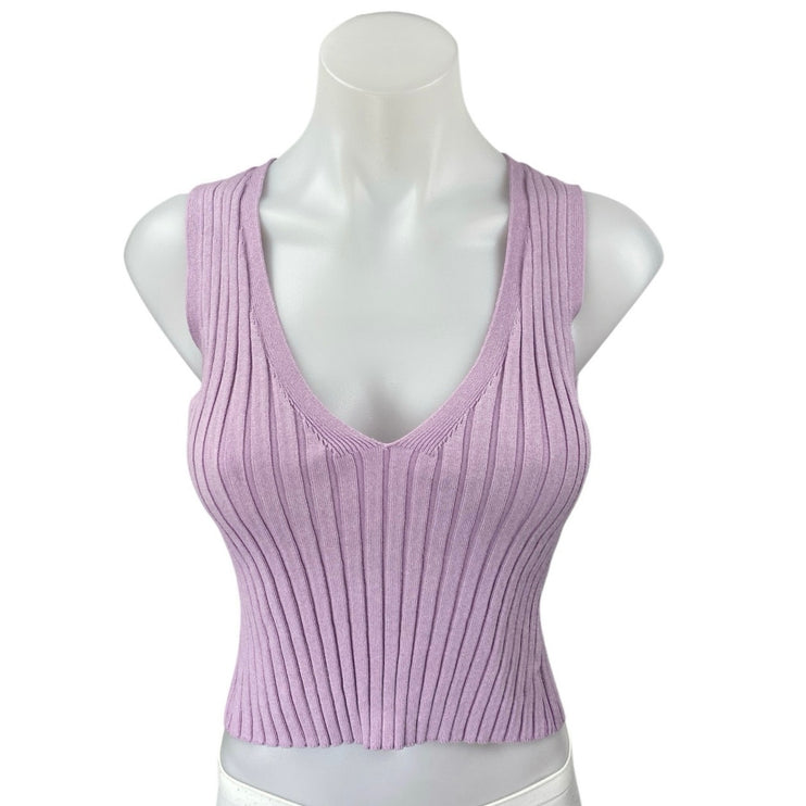Zara Purple Lilac Ribbed Knit Sleeveless Sculpt V Neck Cami Tank Crop Top Size S