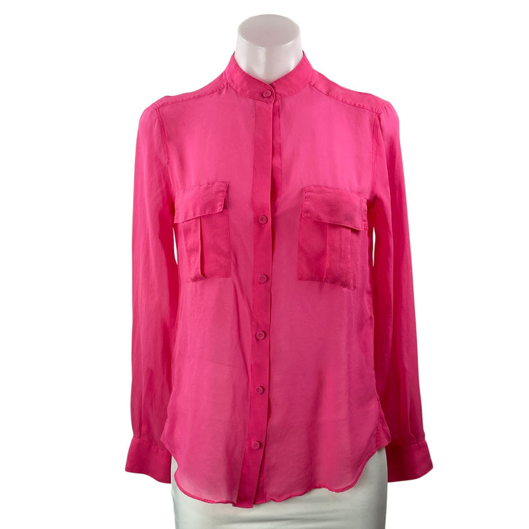 BCBGMAXAZRIA Women's Pink Sheer Long Sleeve Pocket Button Down Shirt Top SIze XS