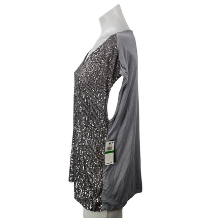 NEW Vince Camuto Womens Gray Short Sleeves Sequin Embellished Blouse Top Size L