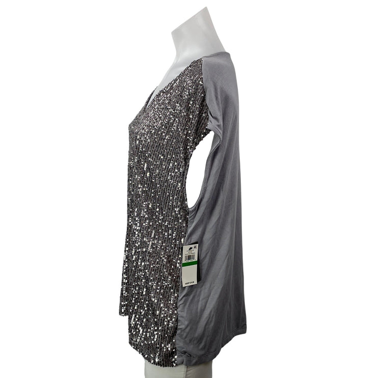 NEW Vince Camuto Womens Gray Short Sleeves Sequin Embellished Blouse Top Size L