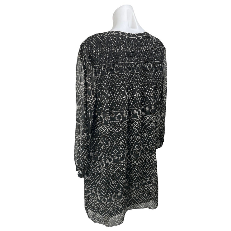 Madewell Black Tribal Southwest Print Smocked Long Sleeve Mini Shift Dress Sz M