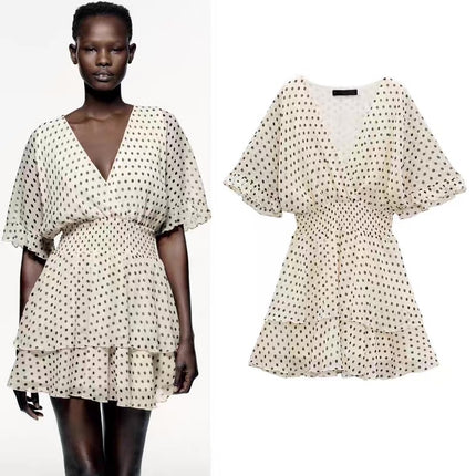 Zara Cream Black Polka Dot V-neck Ruffle Layered Smocked Chiffon Mini Dress Sz L