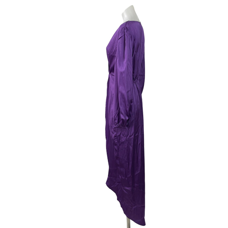 Shein Purple Silk Satin Long Sleeve Deep V Neck Pleated Sheath Maxi Dress Size M