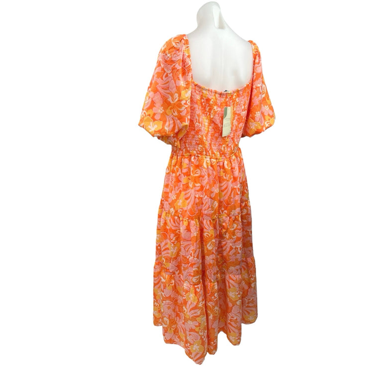 NEW BTFBM Orange Pink Floral Tropical Ruched Puff Sleeve Tiered Maxi Dress XXL