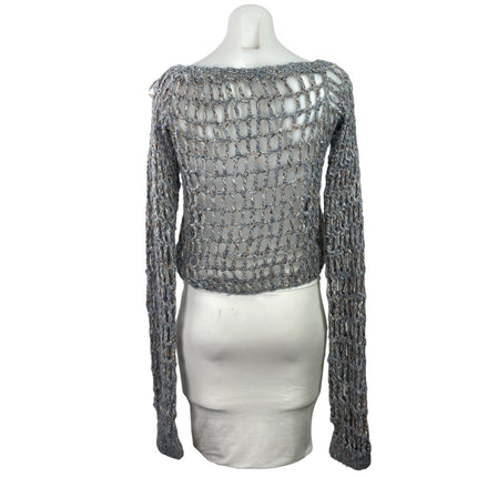 Women's Gray Sheer Open Knit Fishnet Boat Neck Long Sleeve Crop Sweater Top M