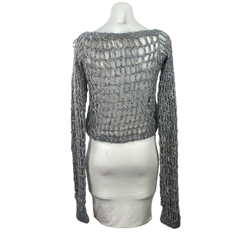 Women's Gray Sheer Open Knit Fishnet Boat Neck Long Sleeve Crop Sweater Top M