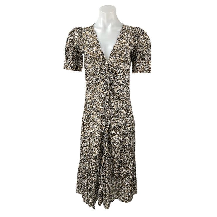Michael Kors Floral Short Puff Sleeve Midi Button Down A-Line Shirt Dress Sz XS