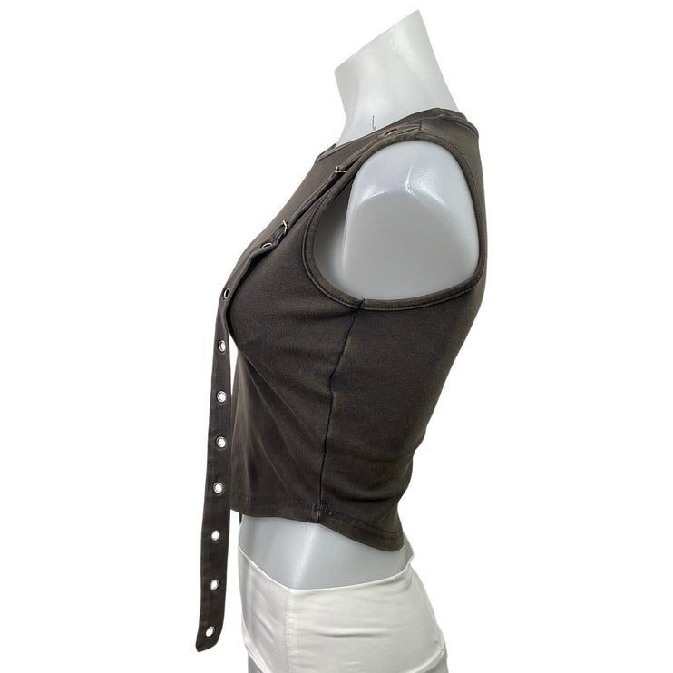 Barcode Gray Knitted Belted Shoulder Sleeveless Crew Neck Crop Tank Top Size S