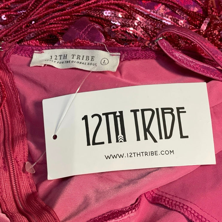 NEW 12th Tribe Talia Pink Sequin Fringe Sleeveless Cami Tank Jumpsuit Romper L