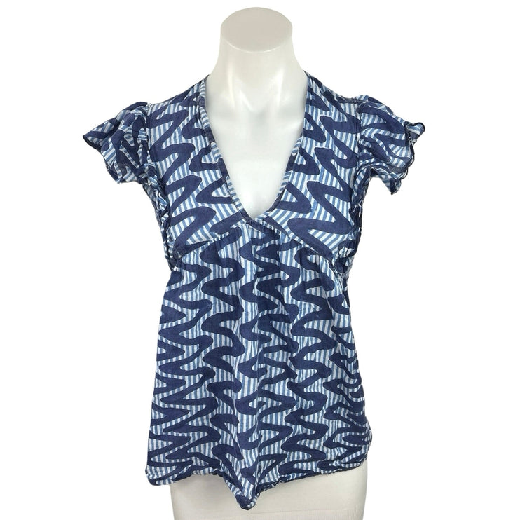 Oliphant Blue Striped Zig Zag V Neck Keyhole Back Ruffle Blouse Top Size M