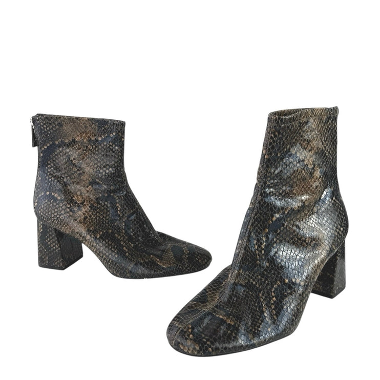 Zara Women's Brown Snakeskin Leather Block Heel Zippper Ankle Boots 39 US 8.5
