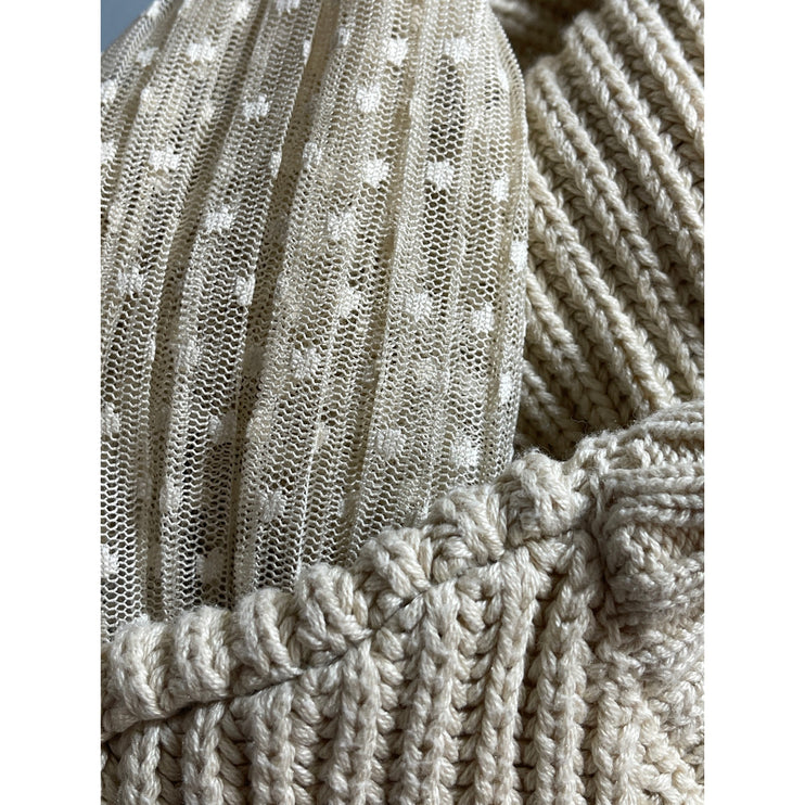 Zara Womens Beige Cable Knit Sheer Polka Dot Long Sleeve Crew Neck Sweater Top L