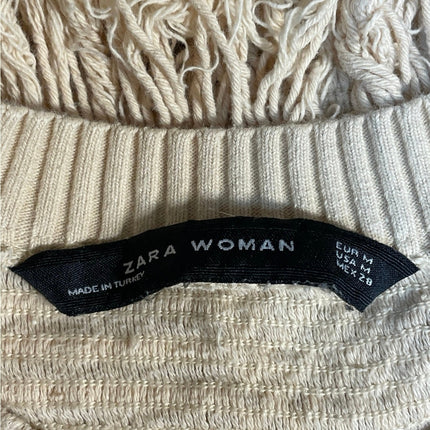 Zara Cream Beige Knit Textured Fringe Crew Neck Boho Short Sleeve Sweater Size M