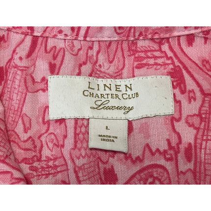 Charter Club Pink Linen Alligator Print Long Sleeve Button Up Shirt Blouse Top L