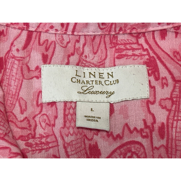 Charter Club Pink Linen Alligator Print Long Sleeve Button Up Shirt Blouse Top L