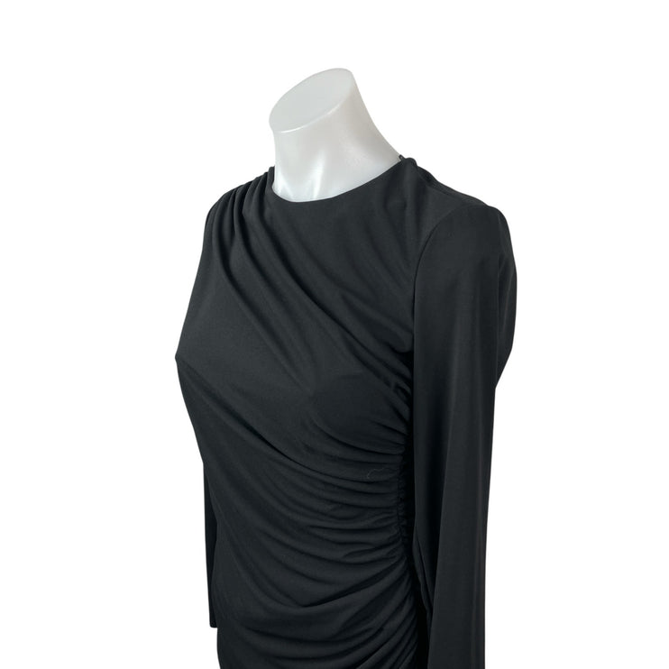 Zara Women's Black Long Sleeve Draped Ruched Crew Neck Mini Bodycon Dress Size M