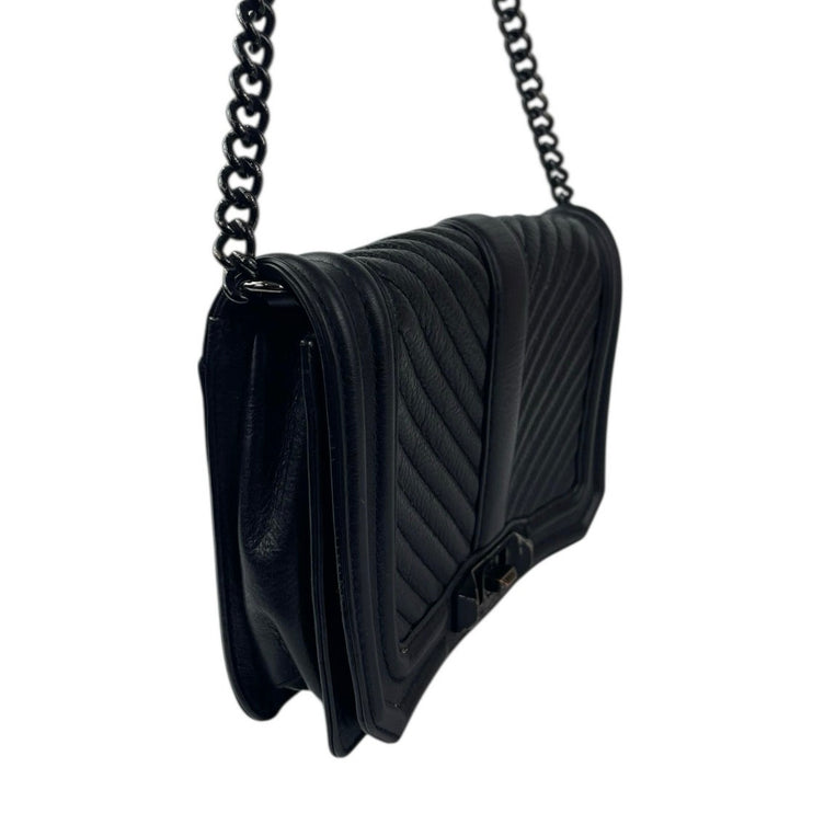 Rebecca Minkoff Chevron Quilted Black 100% Leather Chain Crossbody Purse Bag OS