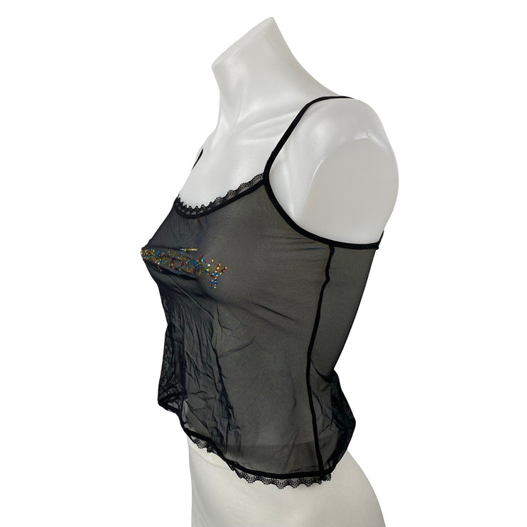 Savage x Fenty Black Rhinestone Logo Lace Sheer Mesh Cami Tank Crop Top Size XS