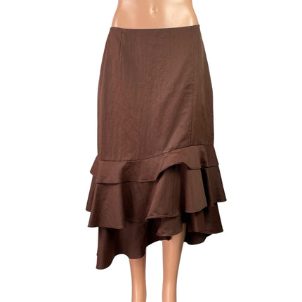 Samuel Dong Women's Brown Mid Waist Ruffle Asymmetric Tiered Midi Skirt Size M
