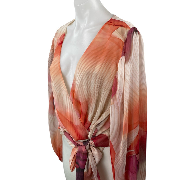 Express Women's Multicolor Abstract Print Sheer Mesh V Neck Wrap Blouse Top Sz L