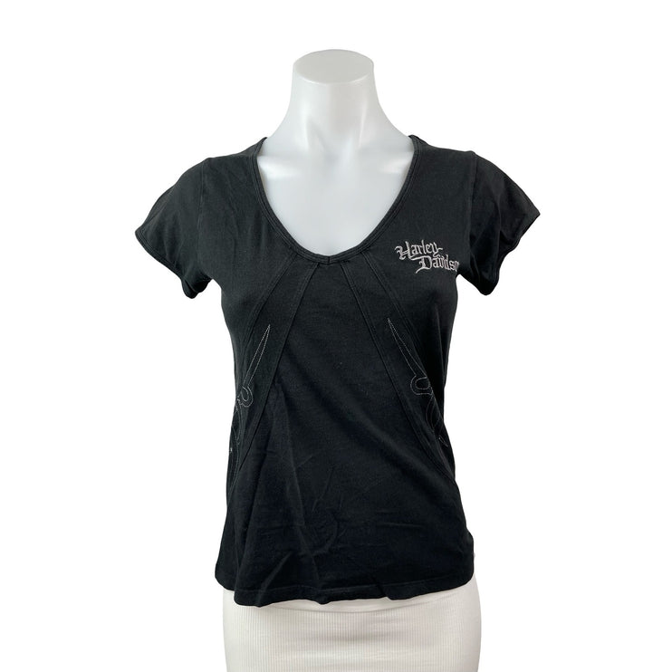 Harley Davidson Women's Black Embroidered Logo Short Sleeve T Shirt Tee Top S