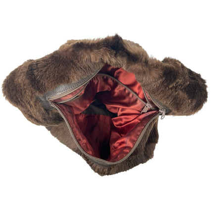 Women's Brown Faux Fur Fuzzy Teddy Y2k Boho Tote Hobo Shoulder Handbag OS