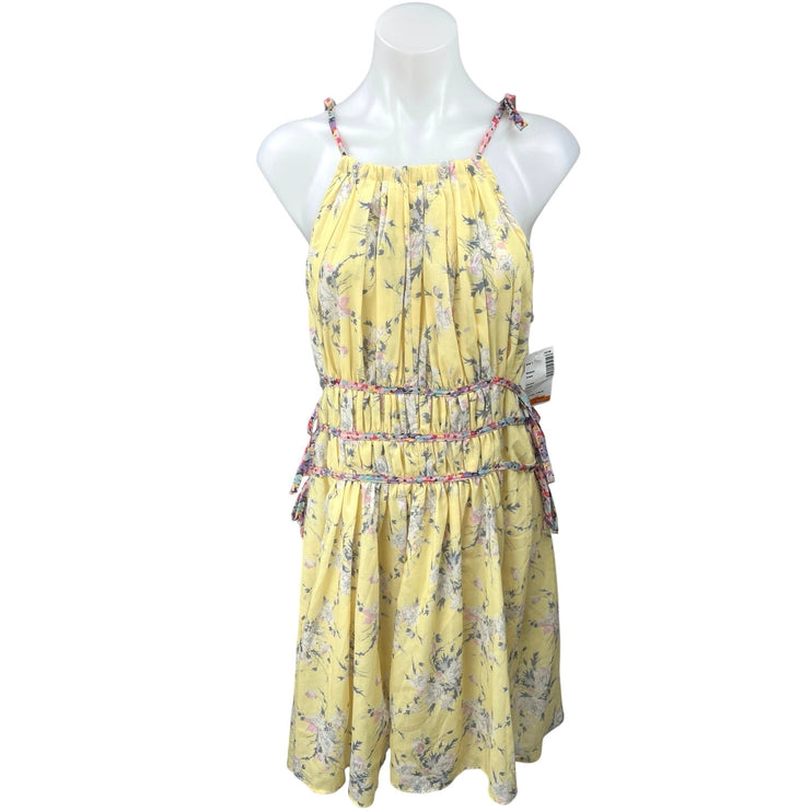 NEW 70°F/21°C Yellow Floral Sleeveless Tie Waist Halter Mini Blouson Dress Sz L