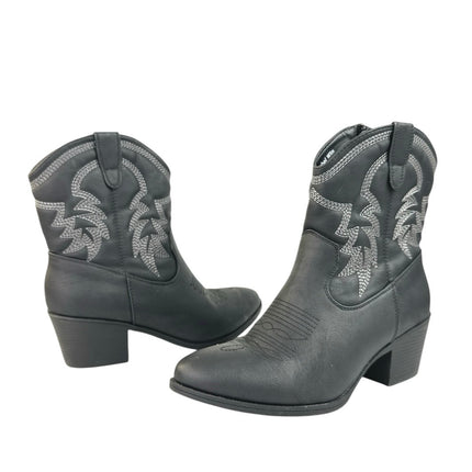 Global Win Black Faux Leather Stitch Embroidered Mid Calf Western Cowboy Boots 8