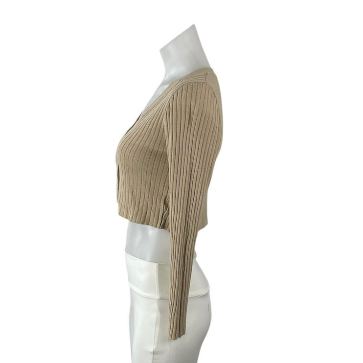 Oak + Fort Tan Ribbed Knit V Neck Long Sleeve Crop Button Up Cardigan Sweater XS
