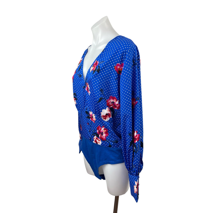 Influence Women's Blue Floral Polka Dots Long Sleeve Faux Wrap Bodysuit Top 12