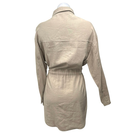 Zara Beige Khaki Long Sleeve Tie Waist Pocket Utility Mini Shirt Dress Size M