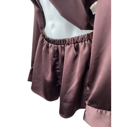 Meshki Women's Black Silk Satin Long Sleeve Button Down Pajama Shorts Set XS/S