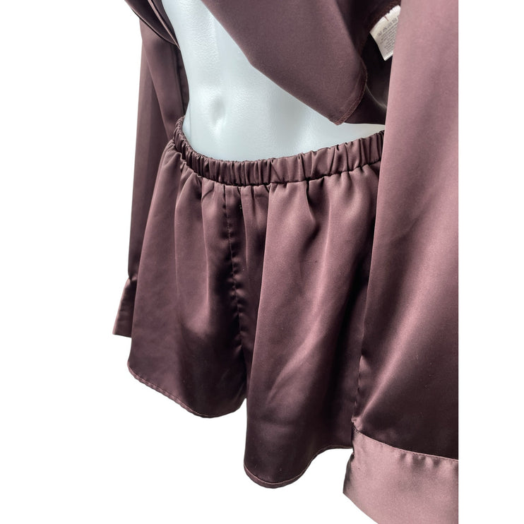 Meshki Women's Black Silk Satin Long Sleeve Button Down Pajama Shorts Set XS/S