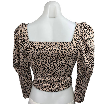 Zara Beige Black Leopard Print Sweetheart Neck Puff Sleeve Cropped Blouse Top XS