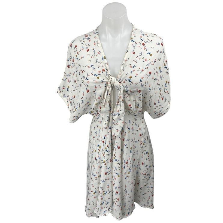 Magali Pascal White Multicolor Floral Short Sleeve Tie Front A Line Mini Dress S