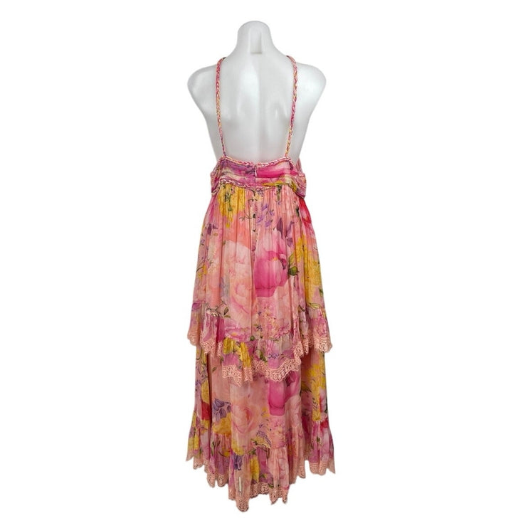 Rococo Sand Leona Floral Braided Ruffled Layered Midi Cami Tank A-Line Dress XL